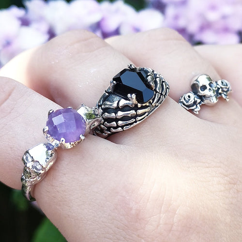 STERLING SILVER 'DEATH BECOMES HER' AMETHYST SKULL RING