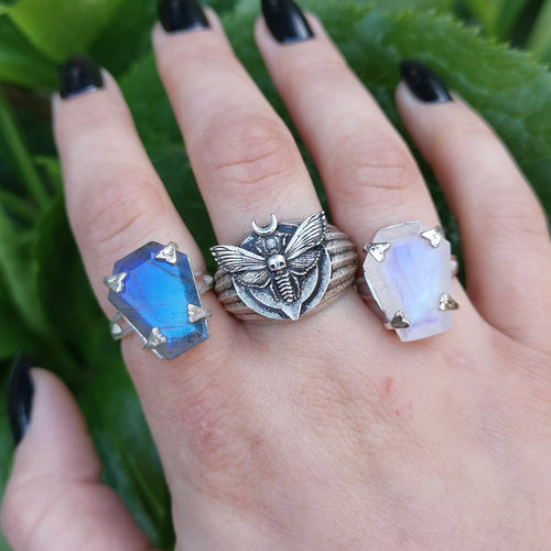 STERLING SILVER RAINBOW MOONSTONE COFFIN RING