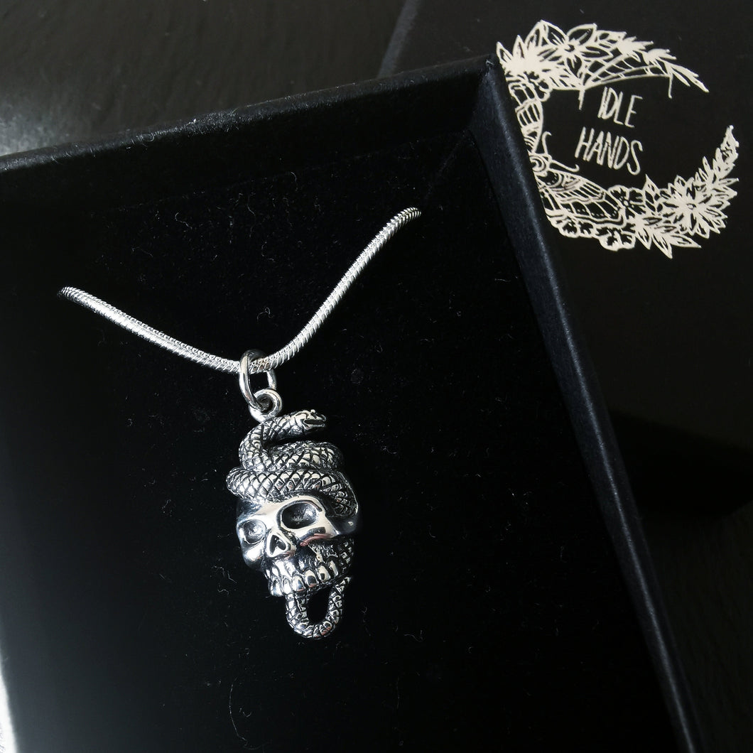 STERLING SILVER SKULL & SNAKE NECKLACE