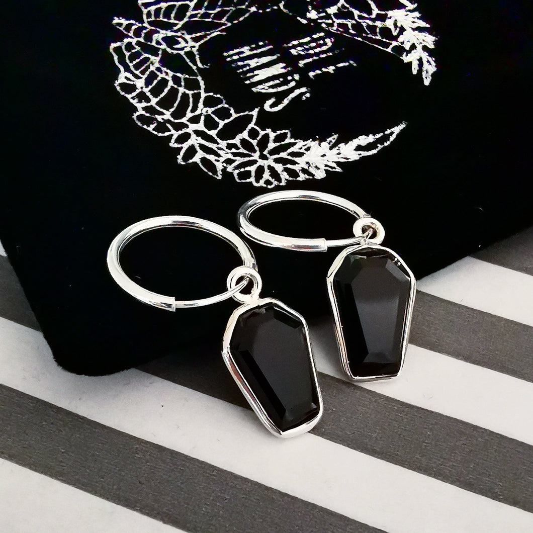 STERLING SILVER BLACK ONYX COFFIN HOOPS