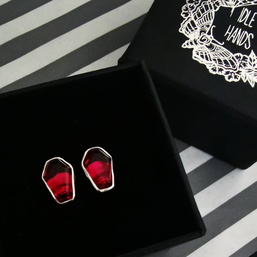 STERLING SILVER GARNET COFFIN EARRINGS