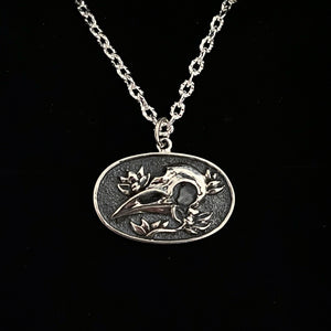 STERLING SILVER RAVEN SKULL & FLOWER NECKLACE