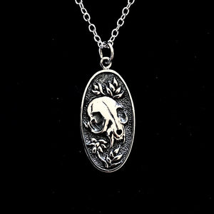 STERLING SILVER FLOWER AND CAT SKULL NECKLACE